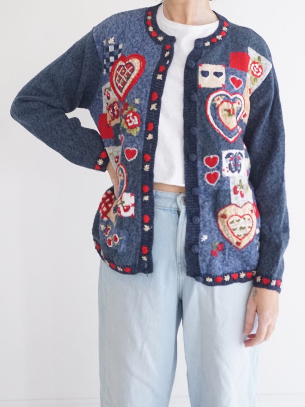 Vintage Heirloom Collectibles Blue Heart Patch Embroidery Valentines Cardigan M